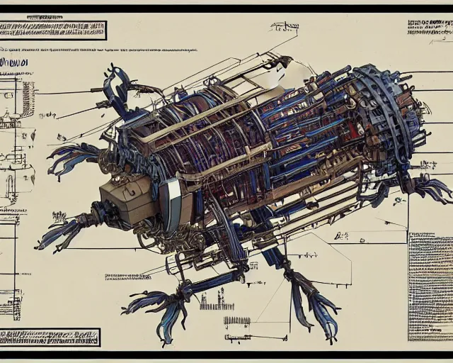 Image similar to a full page of a mechanical blueprint showing a cutaway design for a mechanized six legged wolf from howl's moving castle ( 2 0 0 4 ), with a big head, muted colors, post grunge, studio ghibli, hq,