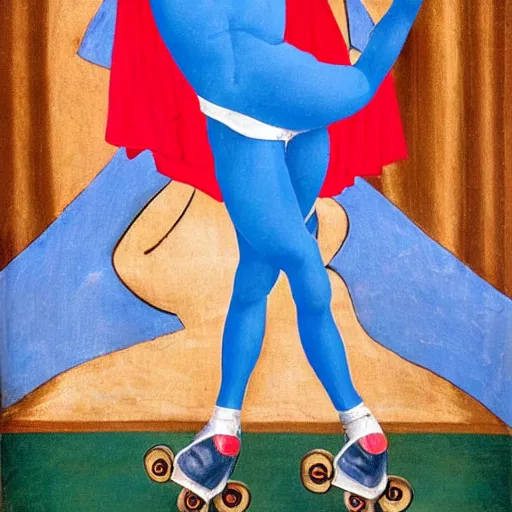 Image similar to blonde nun in blue clothes on roller skates, body shot, in the style of michaelangelo