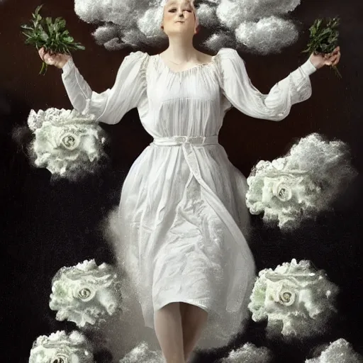 Image similar to a queen with a white large magnificent more and more vaporous ,wrapped ,hight decorated,detailed ,white roses cotton dress shooting surrounded by a bouquet of abstract white flowers and clouds during lightning storm ,surrealism 8k