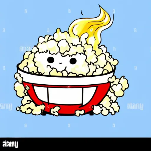 Image similar to fluffy popcorn hit by lightning, yokai, in the style of a manga character, with a smiling face and flames for hair, sitting on a lotus flower, white background, simple, clean composition, symmetrical