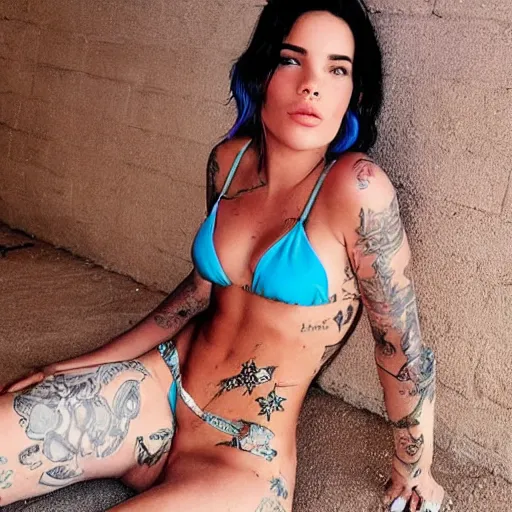 Image similar to halsey in a bikini, hyper realistic