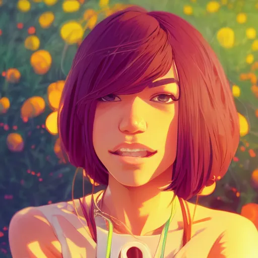 Image similar to portrait of zendaya, farm field background, rich vivid colors, ambient lighting, dynamic lighting, 4k, HQ, official media, anime key visual, makoto shinkai, ilya kuvshinov, lois van baarle, rossdraws, detailed, trending on artstation