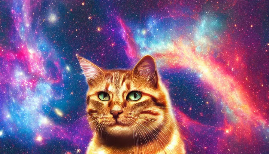 Image similar to cat god swimming in between galaxies, painting, detailed, heavenly, 4 k