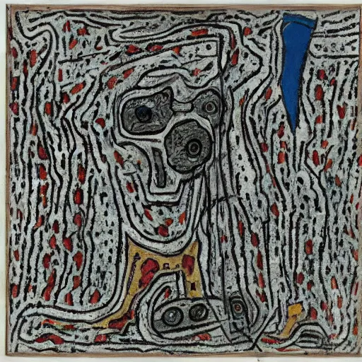 Prompt: desperation; pathetic creature with nothing to lose; hopelessness; drab landscape; desolation; dubuffet