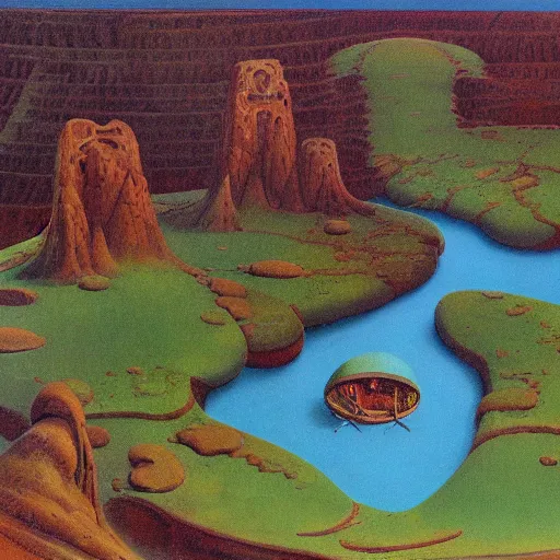 Image similar to a cylindrical pit in the ground with a city inside, painting by Roger Dean