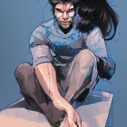 Image similar to a beautiful artwork of a young scientist with black hair sitting on a chair by Jerome Opeña, featured on artstation