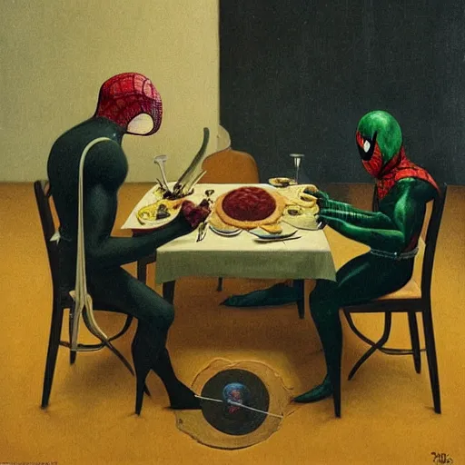 Image similar to Mysterio eating dinner with Spider-Man, artwork by Franz Sedlacek,