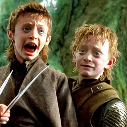 Prompt: movie still of hugh jackman as wilhelm tell and macaulay culkin as his son. scene of tell shooting arrow from the head of his son, in the style of lord of the rings