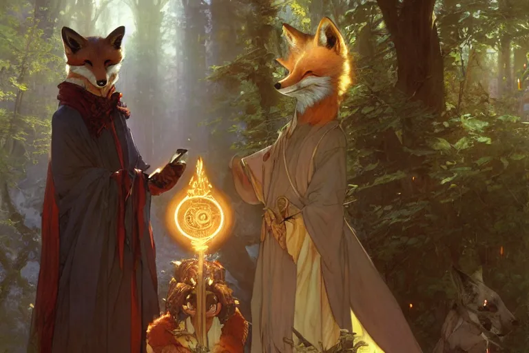 Image similar to an anthropomorphic fox wizard wearing long flowing robes teaches his apprentice a new magical spell in front of a magical gateway to another universe, illustration by greg rutkowski, thomas kindkade, alphonse mucha, loish, norman rockwell, artstation, furaffinity