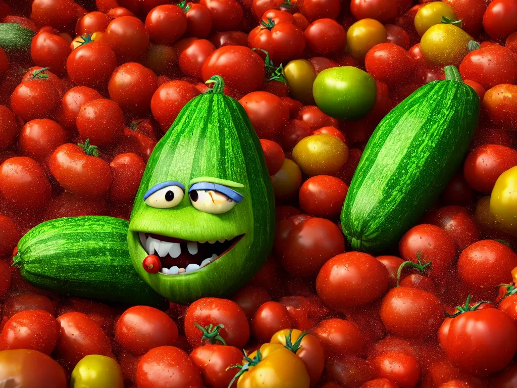 Image similar to highly detailed 3 d render of a raging mad angry zucchini character, dirt road, scared tomates scattered everywhere, high speed action, explosions, dramatic scene, hyper realistic octane render, cinematic lighting, tomato splatter, deviantart, black sky, lowbrow, surrealism, pixar still, mayhem