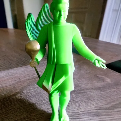 Image similar to A photo of a Biblically accurate angel that's been 3D printed in green filament. 50mm lens, f1.8.