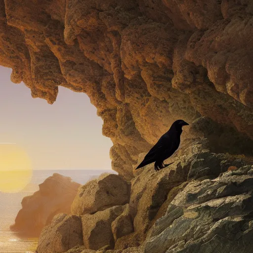 Image similar to a beautifully highly detailed close up portrait of a raven under a rock arch coves crashing waves plants at beautiful serene sunset detailed organic textures by frederic leighton and rosetti and turner and eugene von guerard, 4 k, octane render