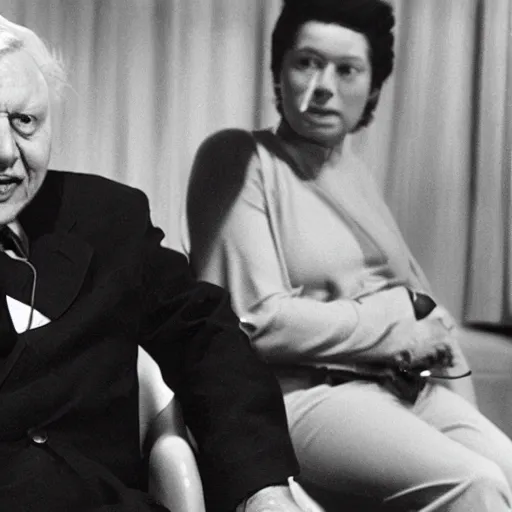 Prompt: david attenborough seated across from an extraterrestrial green space alien creature interview still from television documentary