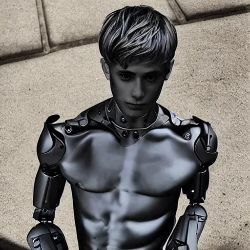 Image similar to “a realistic detailed photo of a guy who is an attractive humanoid who is half robot and half humanoid, who is a male android, twitch streamer Ninja Tyler Blevins, shiny skin, posing like a statue, blank stare”