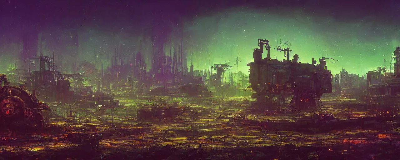 Image similar to ” otherwordly depressing landscape radioactive desolate wasteland at night, [ cinematic, detailed, epic, widescreen, opening, establishing, mattepainting, photorealistic, realistic textures, octane render, art by paul lehr ] ”