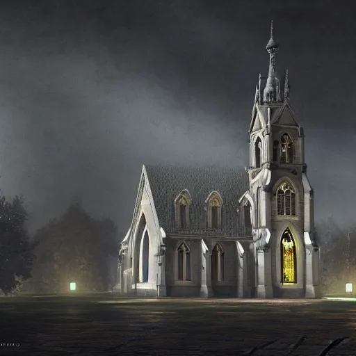 Image similar to victorian church in the middle of the city, dark, misty, at night, 8 k, detailed, concept art, trending on artstation