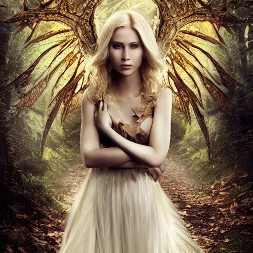 Image similar to very pretty blond female angel with huge dragon wings in a dark forest, perfect symmetrical face, shallow depth of field, moody lighting, single point of light, 8 k, cultural realistic, in the style of martina fackova,