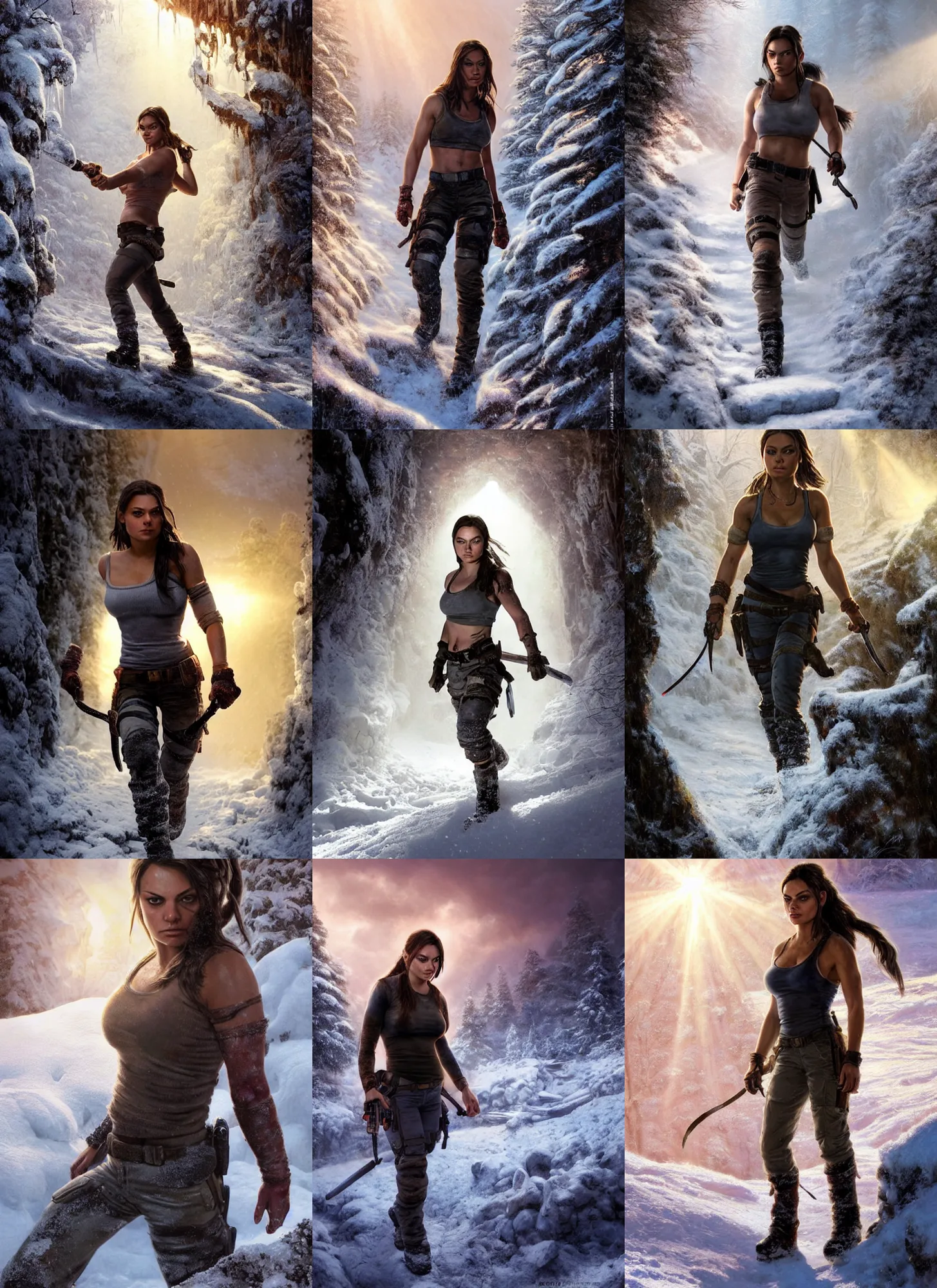 Prompt: epic portrait of Mila Kunis as muscled Lara Croft walking through deep snowy ruins, sun rays through snow, pink golden hour, cold stormy wind, intricate, highly detailed, shallow depth of field, epic vista, Ralph Horsley, Daniel F. Gerhartz, Artgerm, Boris Villajo, Lilia Alvarado