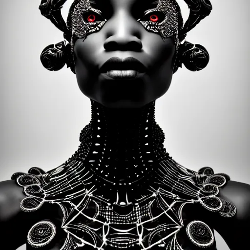 Prompt: portrait of an absurdly beautiful, graceful, sophisticated, fashionable black cyberpunk mechanoid gravure idol, hyperdetailed illustration by irakli nadar, alek wek, matt wisniewski style, intricate linework, dark skin, neon jellyfish headdress, intricate ivory carved ruff, unreal engine 5 highly rendered, global illumination, radiant light, detailed and intricate environment