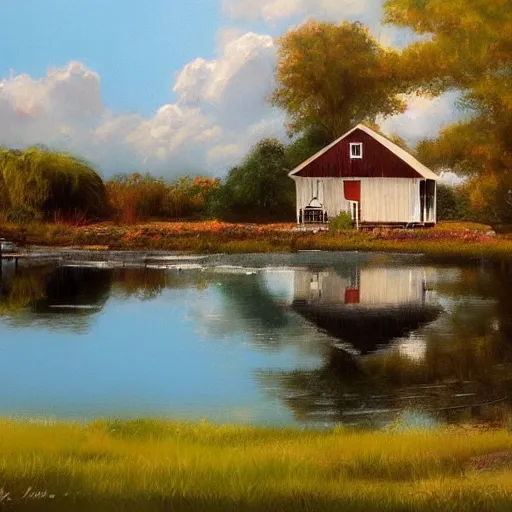 Image similar to farmhouse beside a lagoon, digital art, artstation, Darrel k sweet