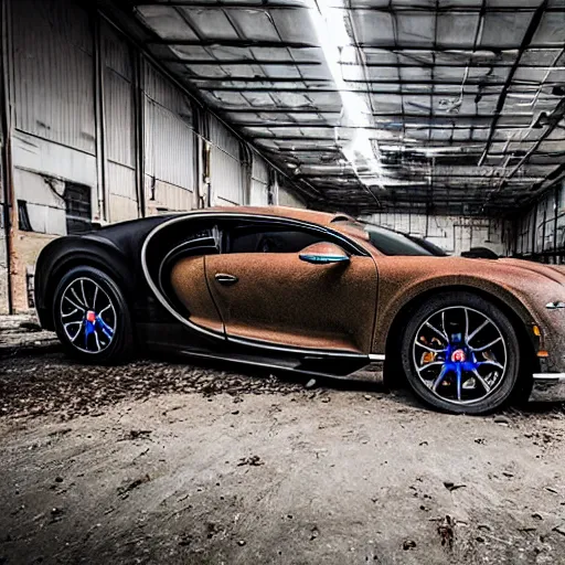 Prompt: an abandoned, derelict, ( really rusty ) bugatti chiron in a dirty warehouse