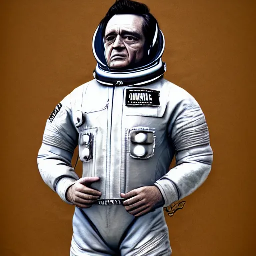 Image similar to johnny cash in a space suit, photo realistic, photograph, 3 5 mm, high detail, beautiful lightning, trending on artstation