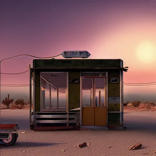 Image similar to abandoned diner in the desert by jon mccoy and georgehull, sunset, cinematic, cinematic lighting, photorealistic, hyperdetailed 3 d matte painting, iridescent, deviantart, trending on artstation, concept art