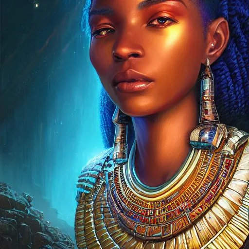 Image similar to highly detailed portrait of an african egyptian goddess, intricate alien technology, stephen bliss, unreal engine, fantasy art by greg rutkowski, loish, rhads, ferdinand knab, makoto shinkai and lois van baarle, ilya kuvshinov, rossdraws, tom bagshaw, global illumination, radiant light, detailed and intricate environment