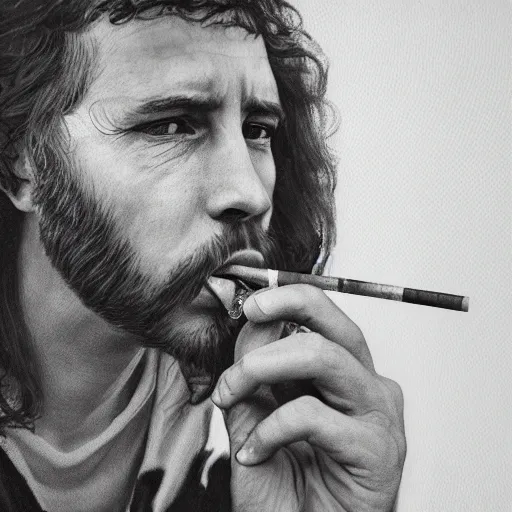 Prompt: photorealistic high detailed portrait of 1960s hippy with cigarette in mouth