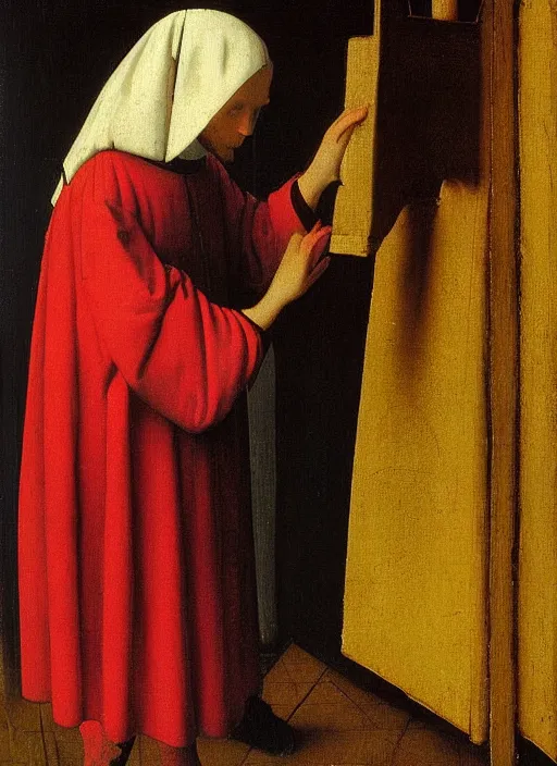 Image similar to red shoes, medieval painting by jan van eyck, johannes vermeer