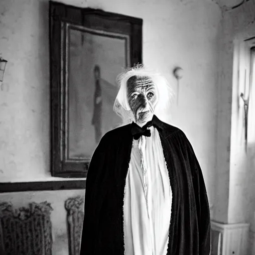 Image similar to count of durres, a 1 0 0 year very old man, dignified but aged face, night gown, hunched over, rare hair, black and white photography inside an old mansion