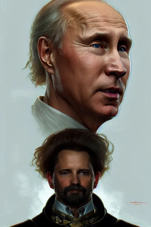 Image similar to Portrait of Putin with half of a Biden\'s face, D&D, face, fantasy, intricate, elegant, highly detailed, digital painting, artstation, concept art, smooth, sharp focus, illustration, art by artgerm and greg rutkowski and alphonse mucha