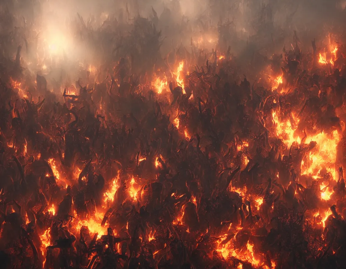 Image similar to undead in burning hell trying to reach for heaven above. artstation. highly detailed painting. realistic. cinematic. volumetric lighting. octane render.