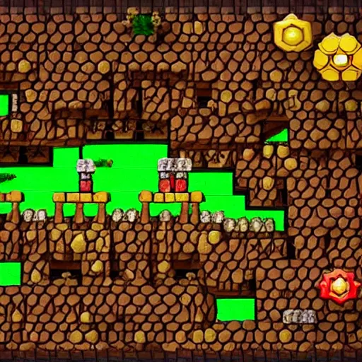 Image similar to Donkey Kong Country level depicting a beautiful mine with shiny crystals on the wall, floating barrels and minecarts. In-game screenshot