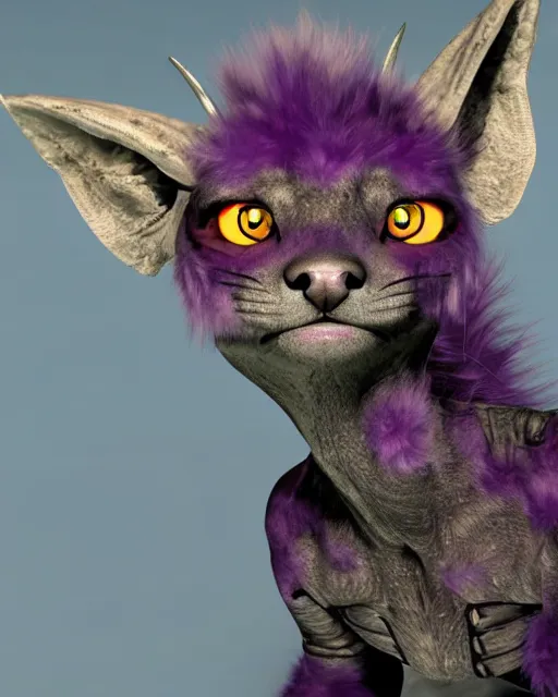 Image similar to pretty humanoid cat-like alien with horns instead of ears holding a laser rifle and the face of a hyena, futuristic, sci-fi purple fur, photorealistic CGI