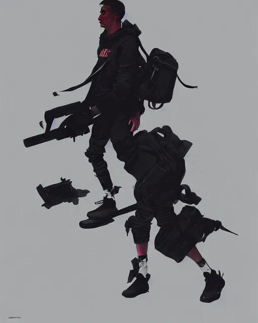 Image similar to Medium shot of a character wearing Nike ACG+Acronym+Riot Division in the style of greg rutkowski