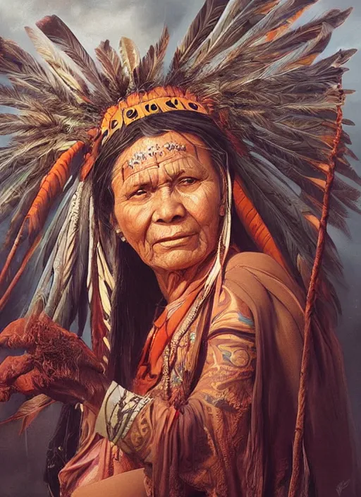 Prompt: a beautiful painting of an indigenous grand-mother, matte painting, fantasy art, highly detailed