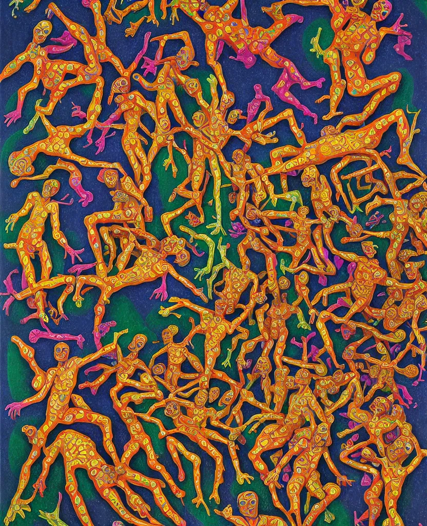 Image similar to multi colored psychedelic weeping soldiers | pain, pleasure, suffering, adventure, love, life, afterlife, souls in joy and agony | abstract oil painting, gouche on paper by MC Escher and Salvador Dali and raqib shaw and Josef albers on LSD |