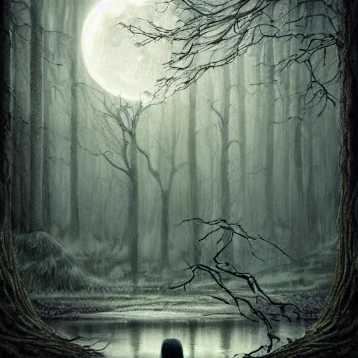 Prompt: highly realistic scenic painting of a towering misty dark fantasy forest surrounding a pond, a rusalka sits on the roots of an ancient tree looking up at the moon, spooky fog, looming trees, scary forest, midnight, dark, fantasy painting hd