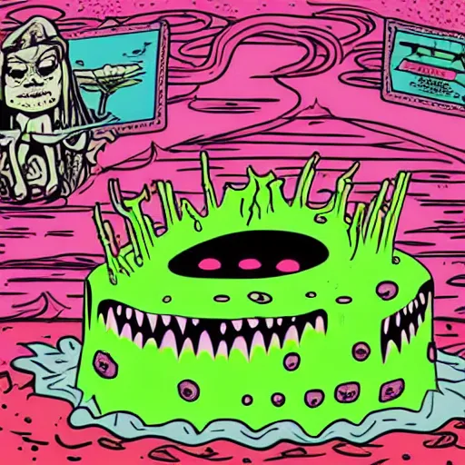 Prompt: Pop-Wonder-NFT alien-meat swamp-bog Cruisin-Cody wading through the goopy-muck and slithering about the castle side delights on a melted cheesy day in a hand-drawn vector, svg, cult-classic-comic-style