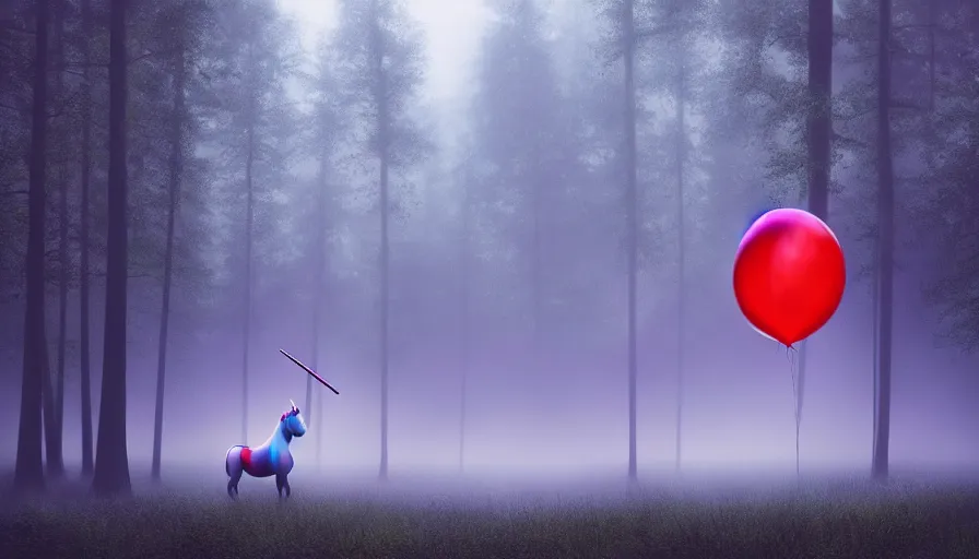 Image similar to A unicorn made out of balloons floats lonely through a dark foggy Forest, Digital Art, Photorealism, Hyper Realistic, Hyperdetailed, Movie Screenshot, iMAX Quality