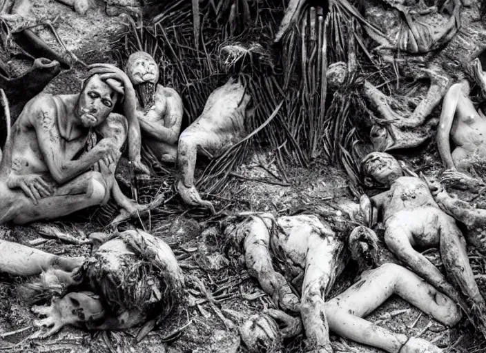 Prompt: sensual scene from art house film by alejandro jodorowsky, roger ballen, surreal scene of an occult ritual in a picturesque outdoors setting, ashes, new guinea mud man, costumes, snakes, smoke, burned dolls, close - up of the actors'faces, sharp, leica 3 5 mm, 1 6 k