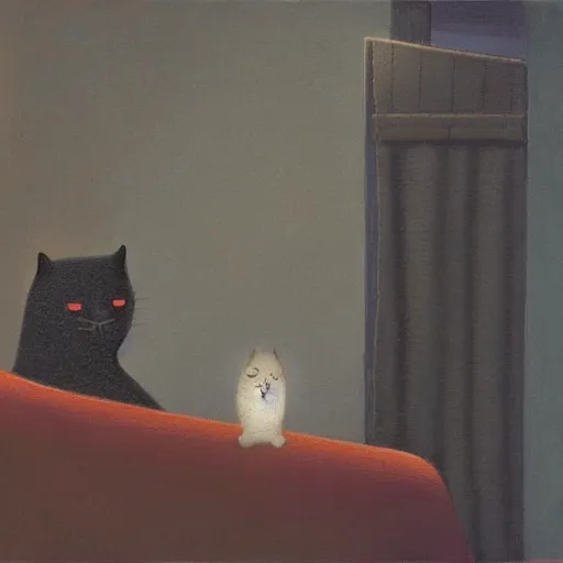 Prompt: a lonely man and a cat, by shaun tan