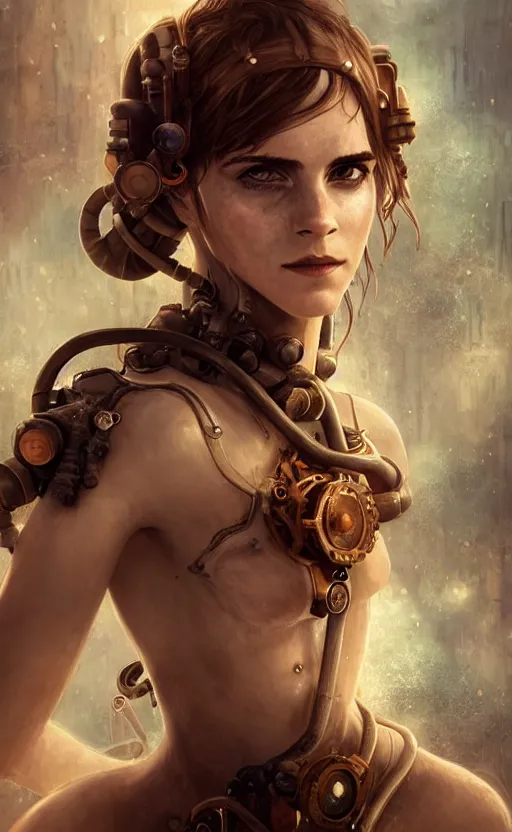 Image similar to underwater steampunk biopunk portrait of emma watson, au naturel, hyper detailed, digital art, trending in artstation, cinematic lighting, studio quality, smooth render, unreal engine 5 rendered, octane rendered, art style by klimt and nixeu and ian sprigger and wlop and krenz cushart.