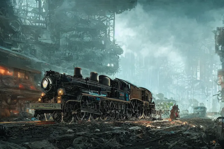 Prompt: a steam locomotive riding through abandoned postapocalyptic overgrown city, hyperdetailed, artstation, by Feng Zhu and James Paick, by Ryan Church