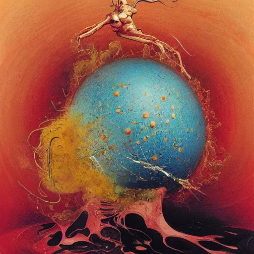 Image similar to a sphere being devoured by abstract splatters of paint in the style of francis bacon, venus being engulfed in flames in the style of james jean, surreal, beksinski, high detailed