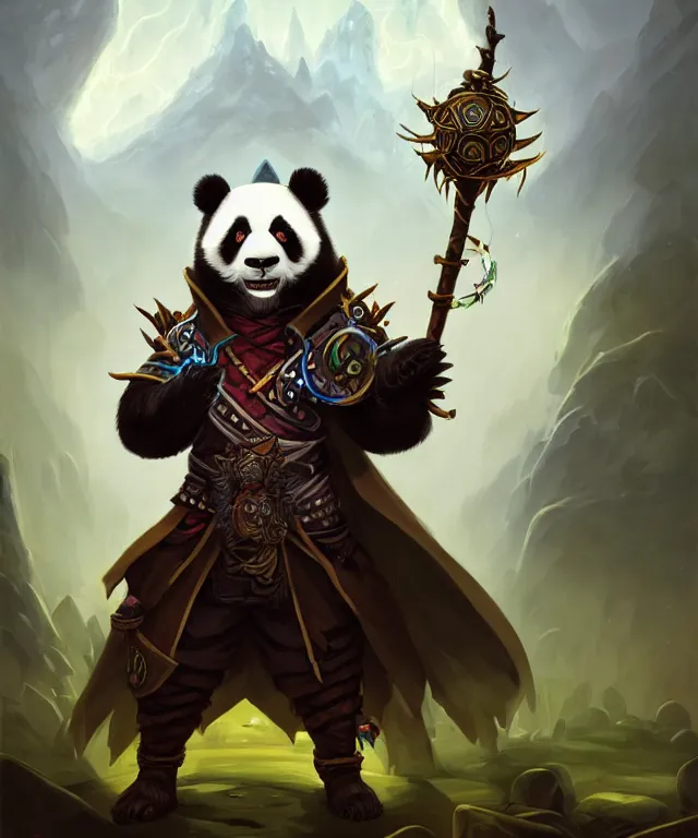 Prompt: a portrait an anthropomorphic panda warlock holding a staff, wearing warlock robes with spiked shoulders, landscape in background, dnd character art portrait, world of warcraft style, by peter mohrbacher, cinematic lighting