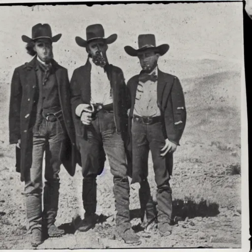 Prompt: a platinotype photo of three man from the old west going on an expedition to find a haunted burial ground and exhume it from a terrorizing creature