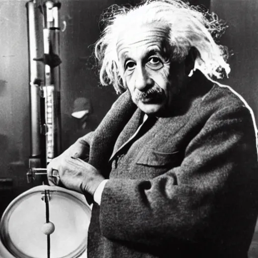 Image similar to Albert Einstein inspecting the first atomic bomb prior to detonation. 1940's photograph