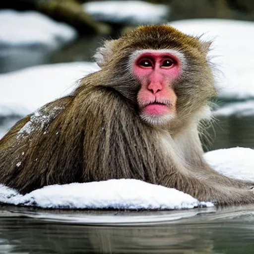 Image similar to a Japanese macaque in a snowy hot spring, oranges floating in the water, early morning